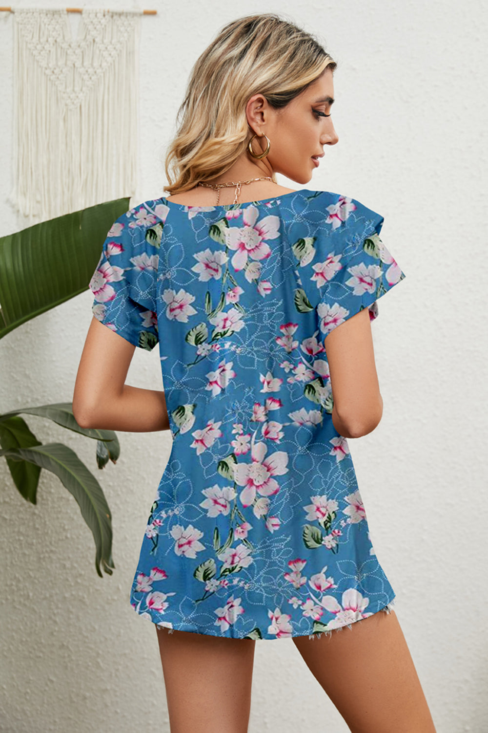 V-Neck Short Sleeve Blouse BLUE ZONE PLANET