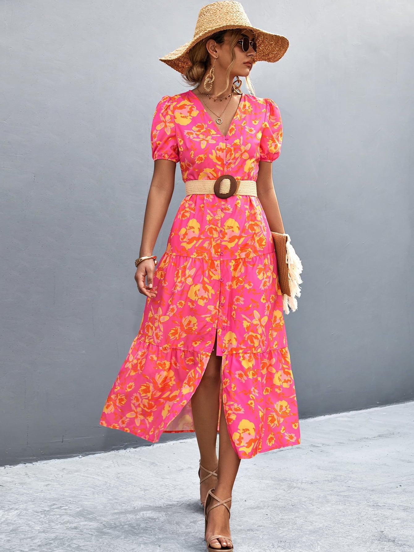 V-Neck Short Sleeve High Slit Midi Dress BLUE ZONE PLANET