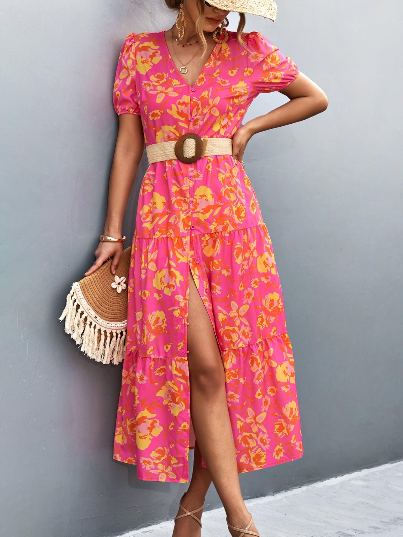 V-Neck Short Sleeve High Slit Midi Dress BLUE ZONE PLANET