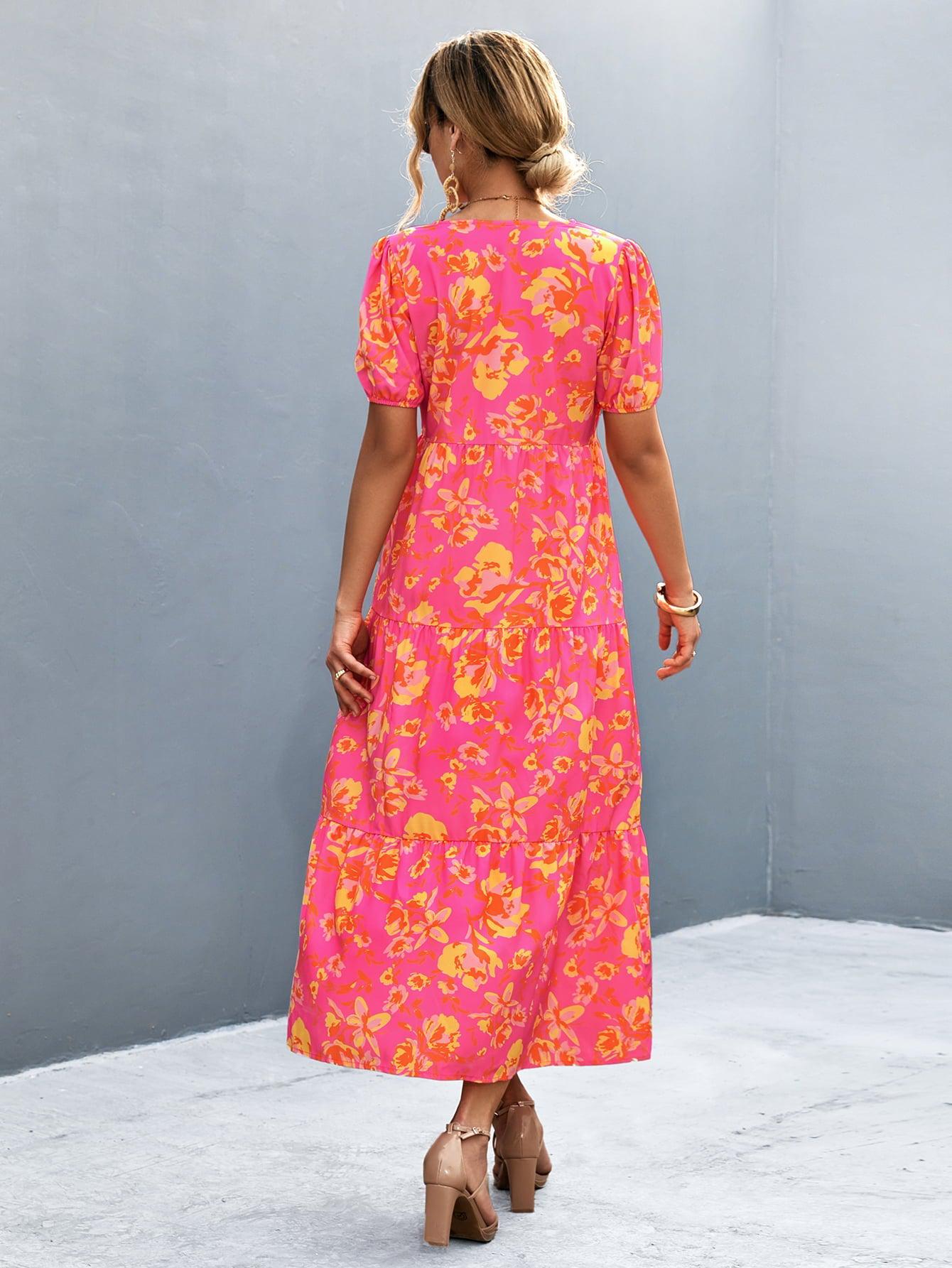 V-Neck Short Sleeve High Slit Midi Dress BLUE ZONE PLANET
