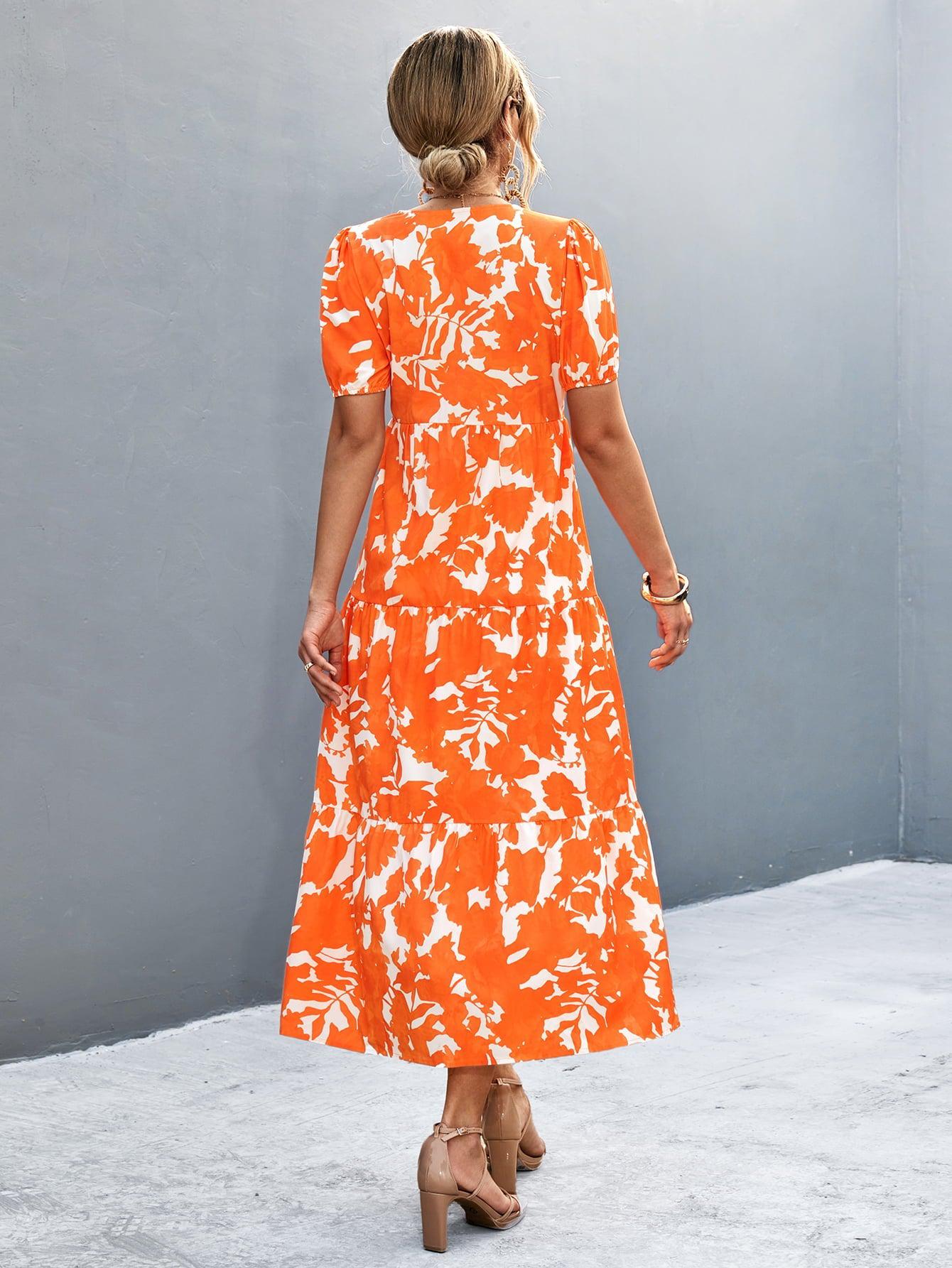 V-Neck Short Sleeve High Slit Midi Dress BLUE ZONE PLANET
