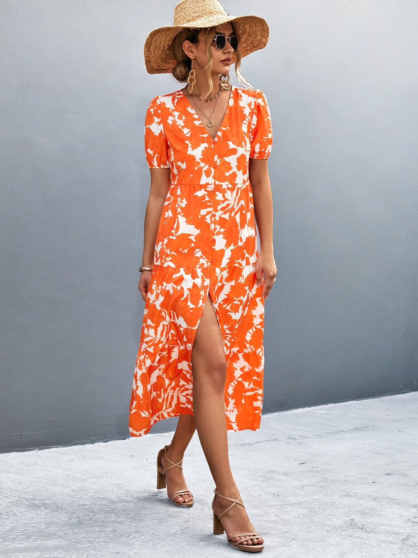 V-Neck Short Sleeve High Slit Midi Dress BLUE ZONE PLANET