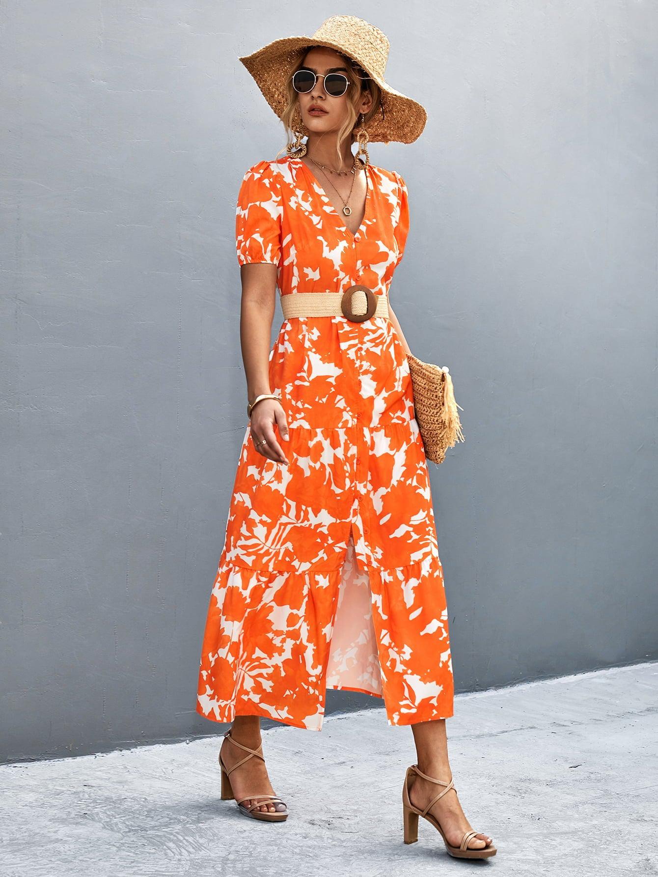 V-Neck Short Sleeve High Slit Midi Dress BLUE ZONE PLANET