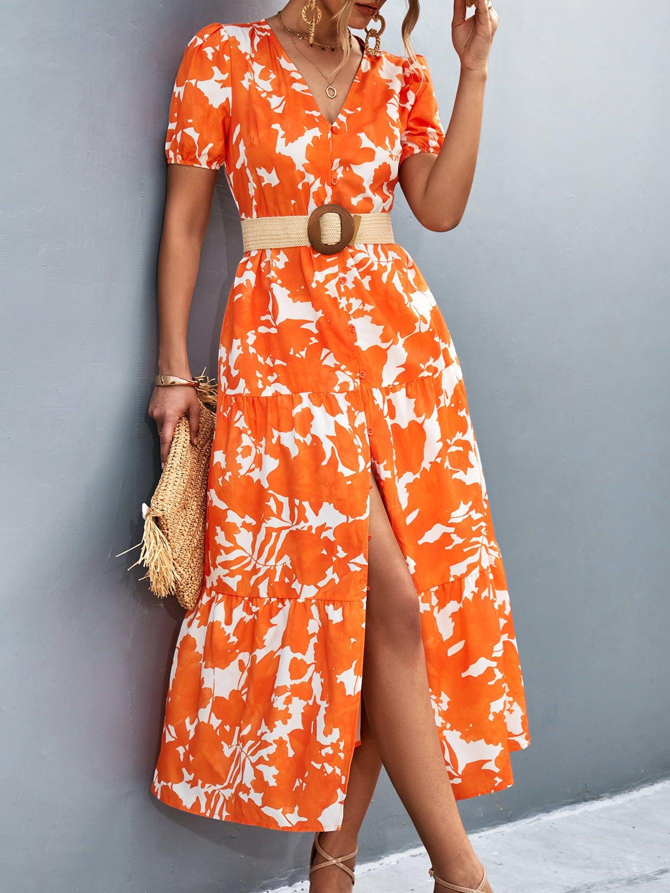 V-Neck Short Sleeve High Slit Midi Dress BLUE ZONE PLANET