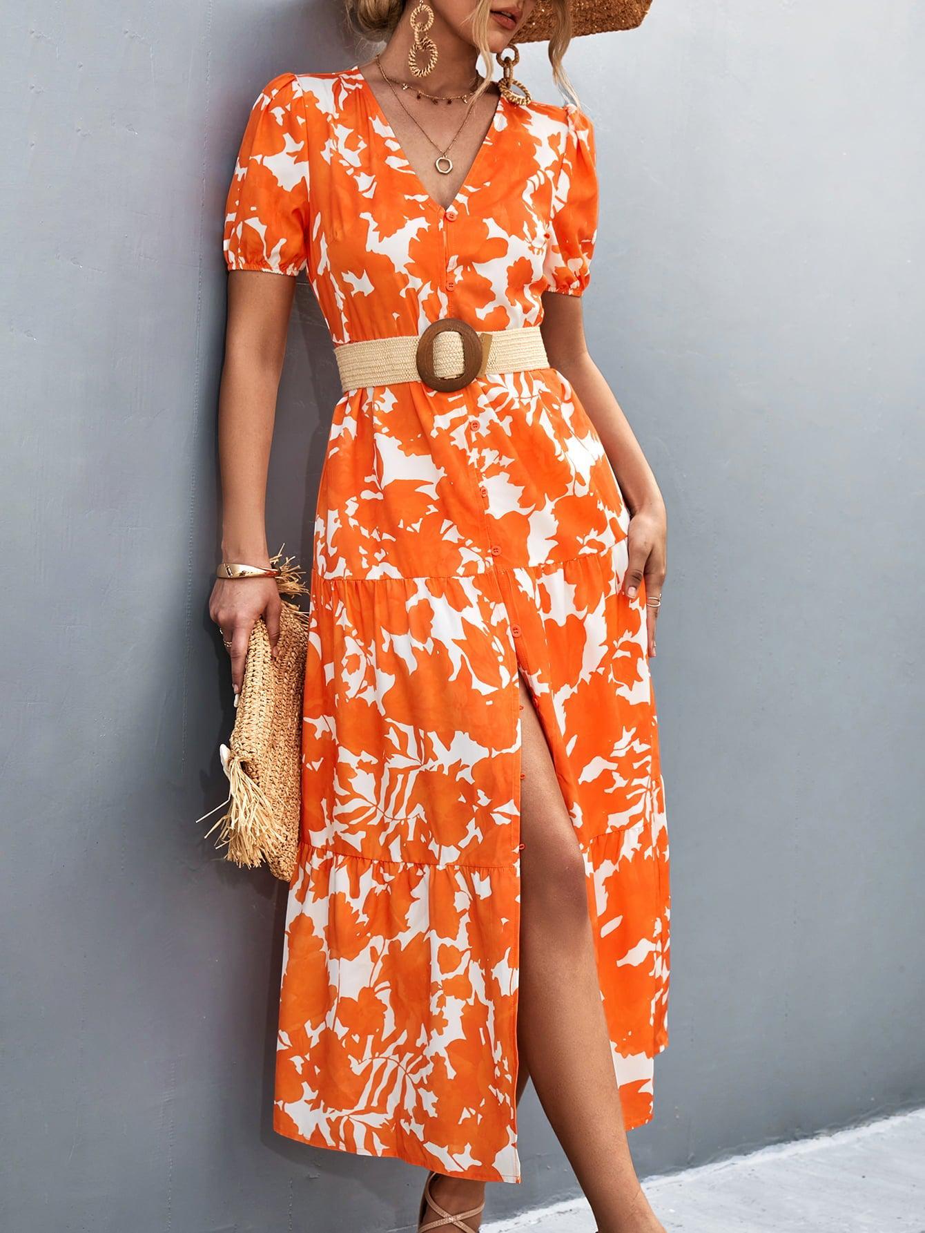 V-Neck Short Sleeve High Slit Midi Dress BLUE ZONE PLANET