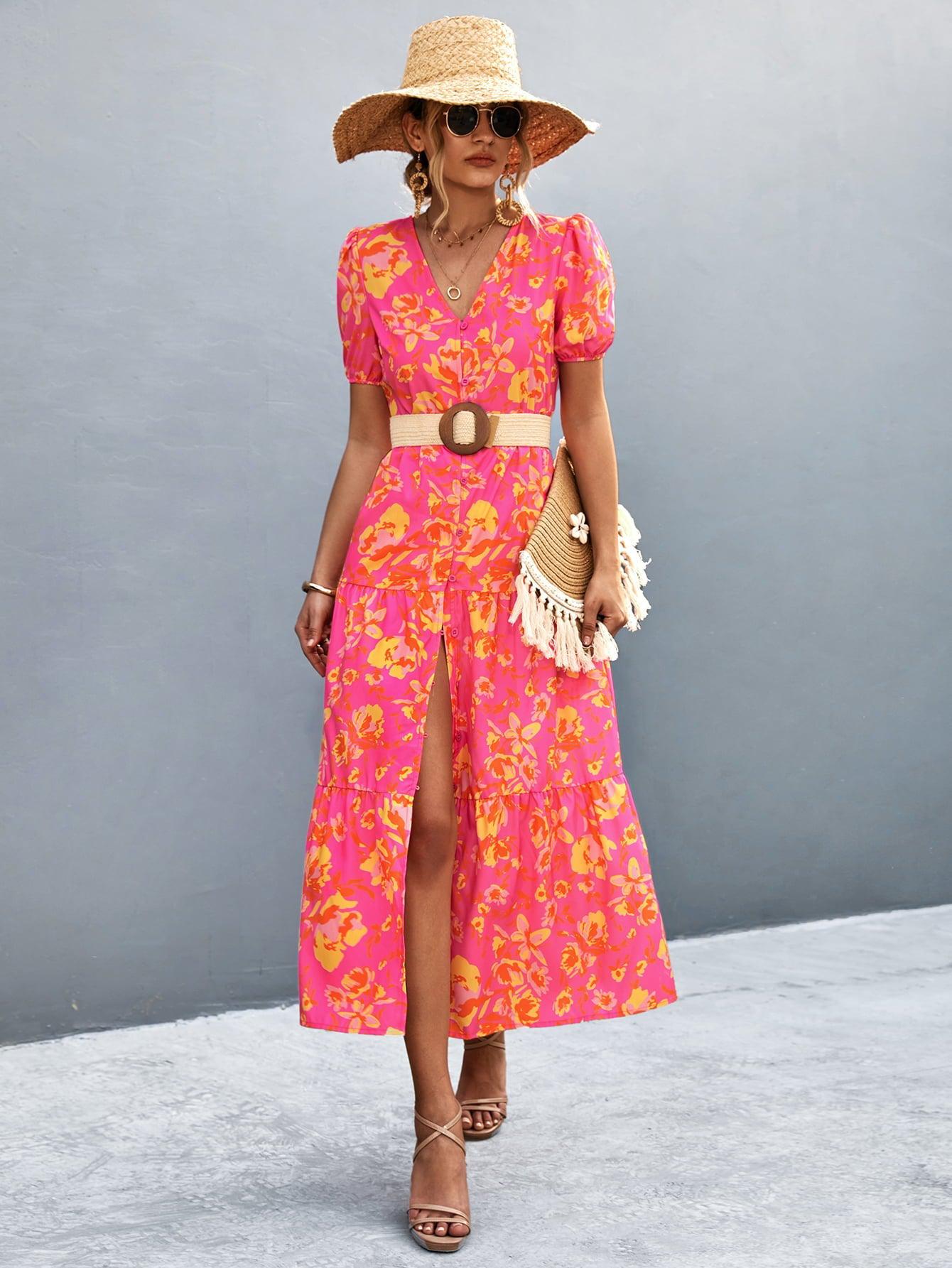 V-Neck Short Sleeve High Slit Midi Dress BLUE ZONE PLANET