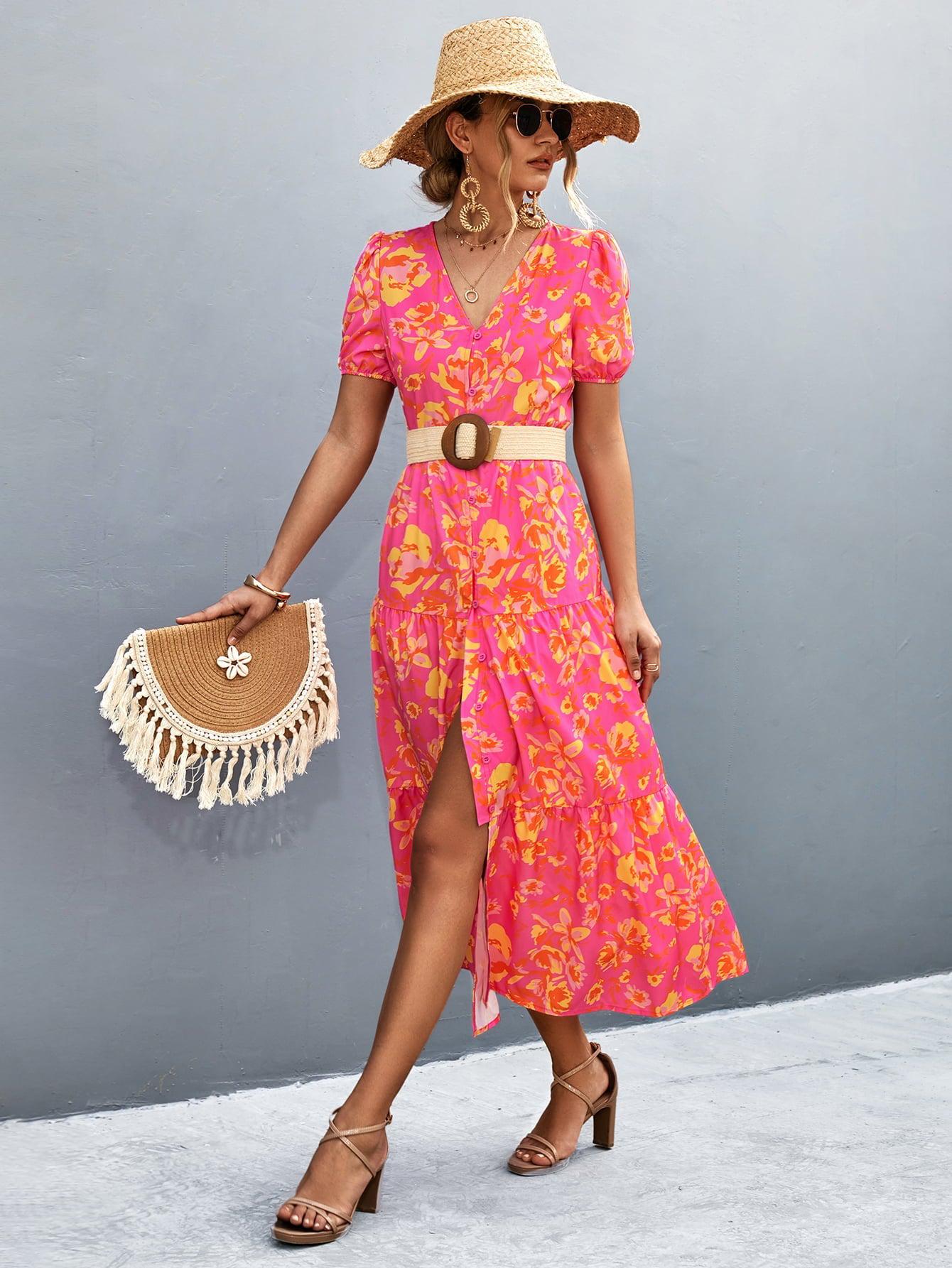 V-Neck Short Sleeve High Slit Midi Dress BLUE ZONE PLANET