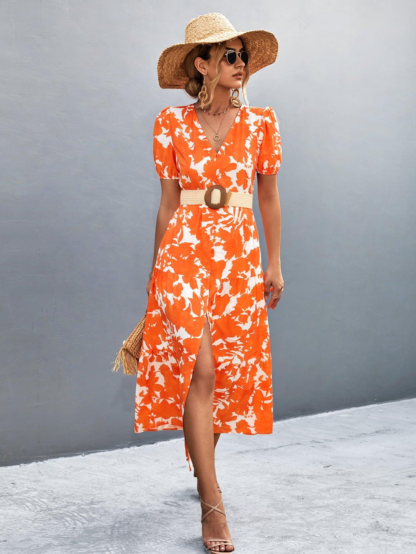 V-Neck Short Sleeve High Slit Midi Dress BLUE ZONE PLANET