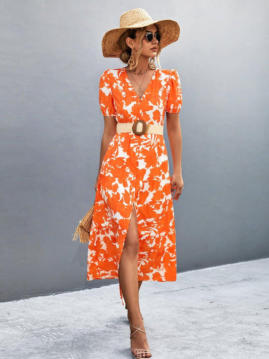 V-Neck Short Sleeve High Slit Midi Dress BLUE ZONE PLANET
