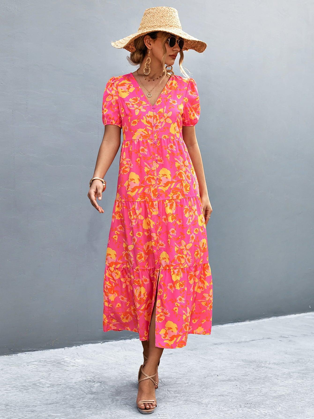 V-Neck Short Sleeve High Slit Midi Dress BLUE ZONE PLANET