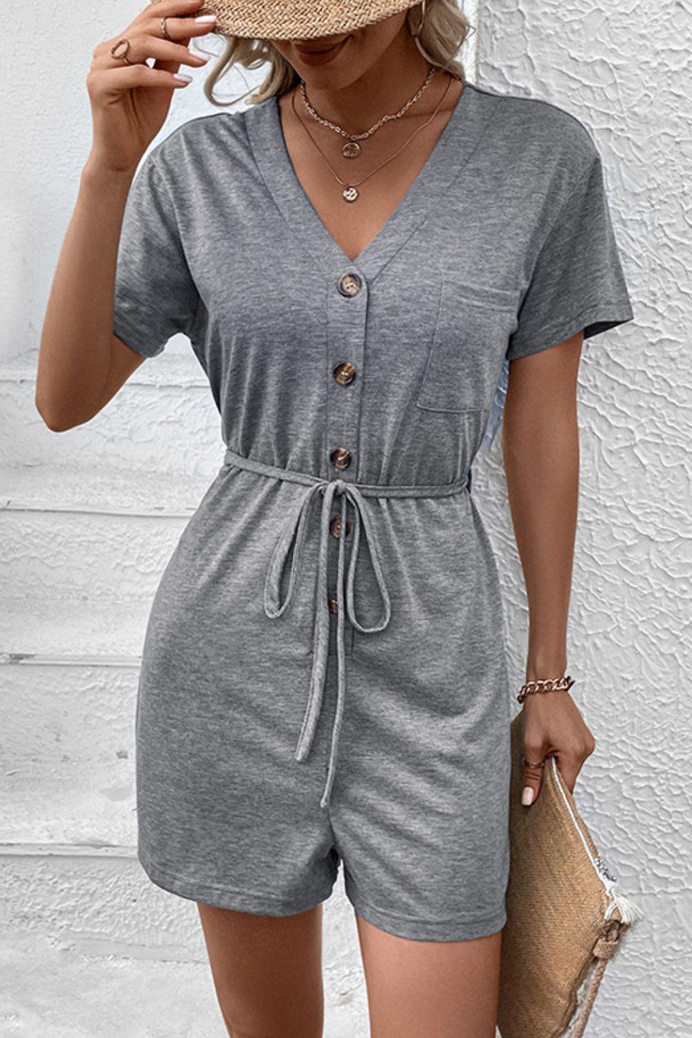 V-Neck Short Sleeve Tied Romper BLUE ZONE PLANET