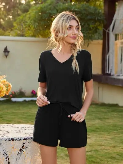V-Neck Short Sleeve Top and Pocketed Shorts Lounge Set BLUE ZONE PLANET
