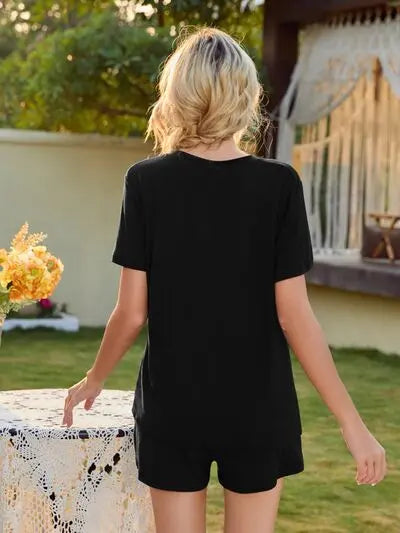 V-Neck Short Sleeve Top and Pocketed Shorts Lounge Set BLUE ZONE PLANET