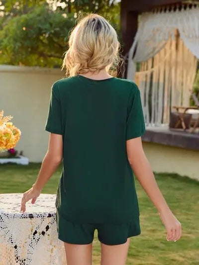 V-Neck Short Sleeve Top and Pocketed Shorts Lounge Set BLUE ZONE PLANET