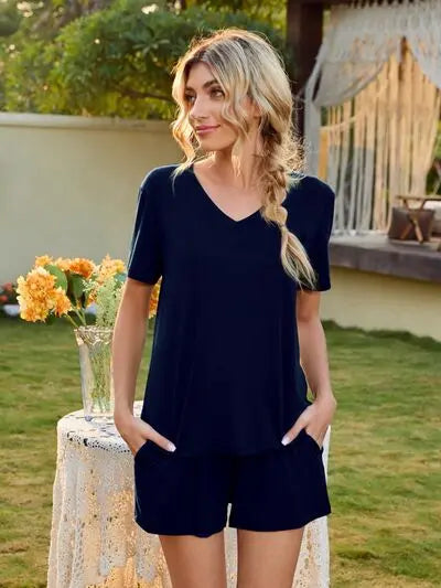 V-Neck Short Sleeve Top and Pocketed Shorts Lounge Set BLUE ZONE PLANET