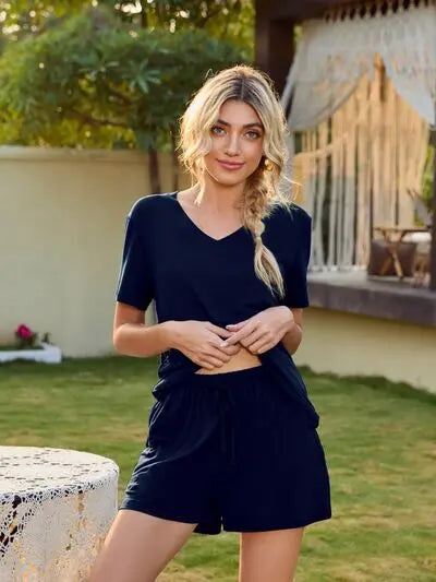 V-Neck Short Sleeve Top and Pocketed Shorts Lounge Set BLUE ZONE PLANET