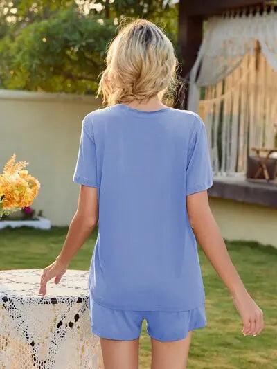 V-Neck Short Sleeve Top and Pocketed Shorts Lounge Set BLUE ZONE PLANET
