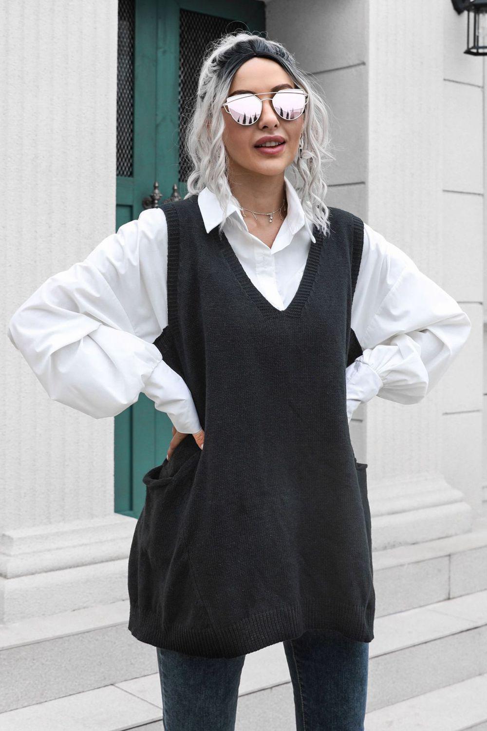 V-Neck Sleeveless Sweater Vest with Pocket BLUE ZONE PLANET