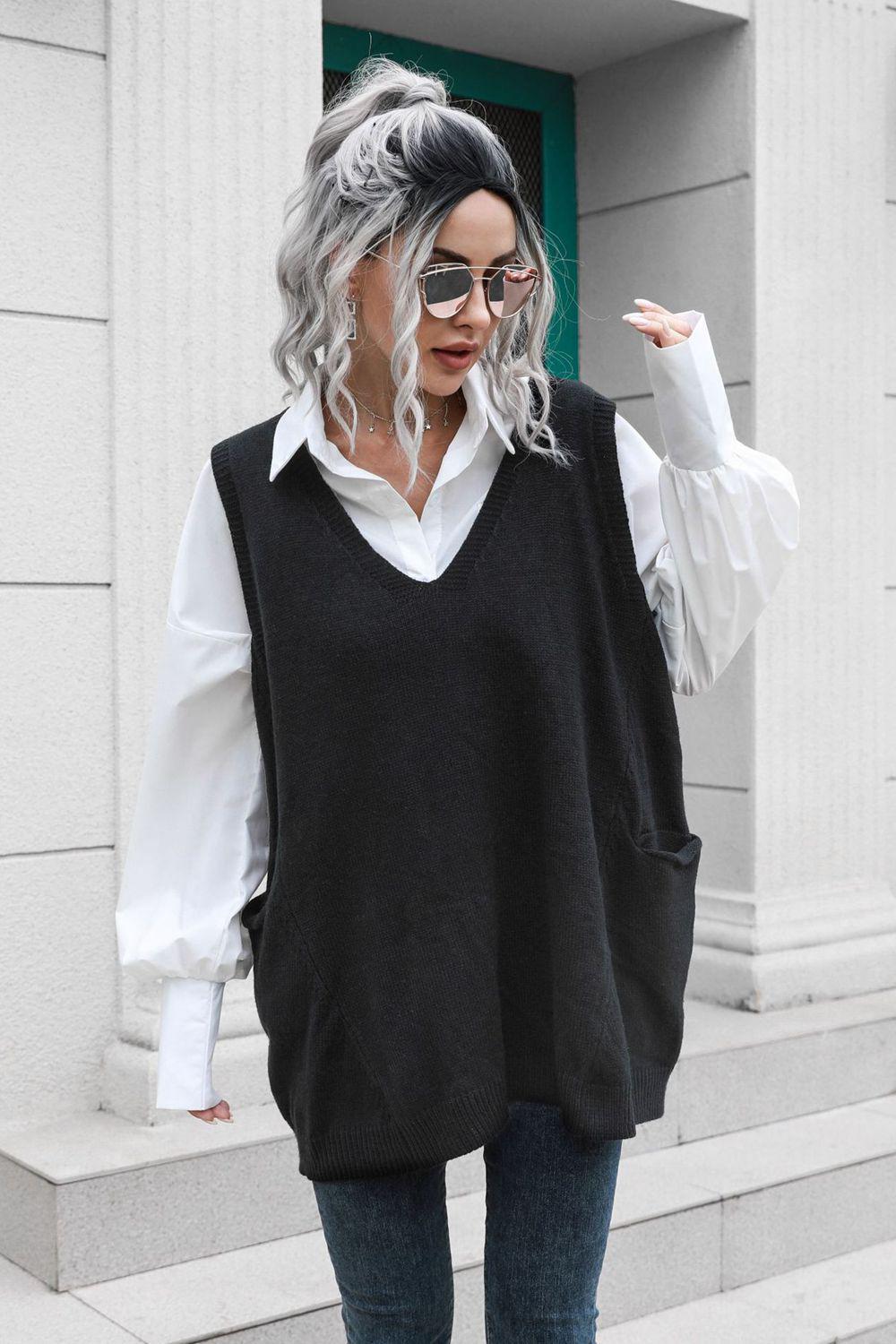 V-Neck Sleeveless Sweater Vest with Pocket BLUE ZONE PLANET