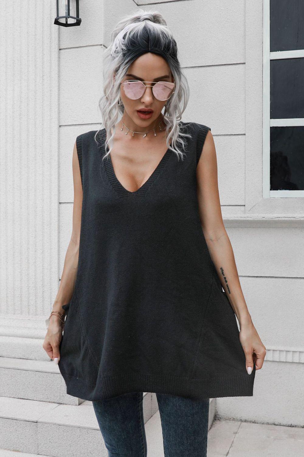 V-Neck Sleeveless Sweater Vest with Pocket BLUE ZONE PLANET