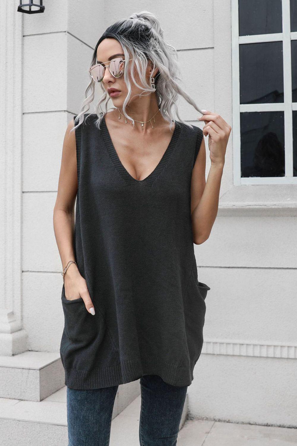 V-Neck Sleeveless Sweater Vest with Pocket BLUE ZONE PLANET