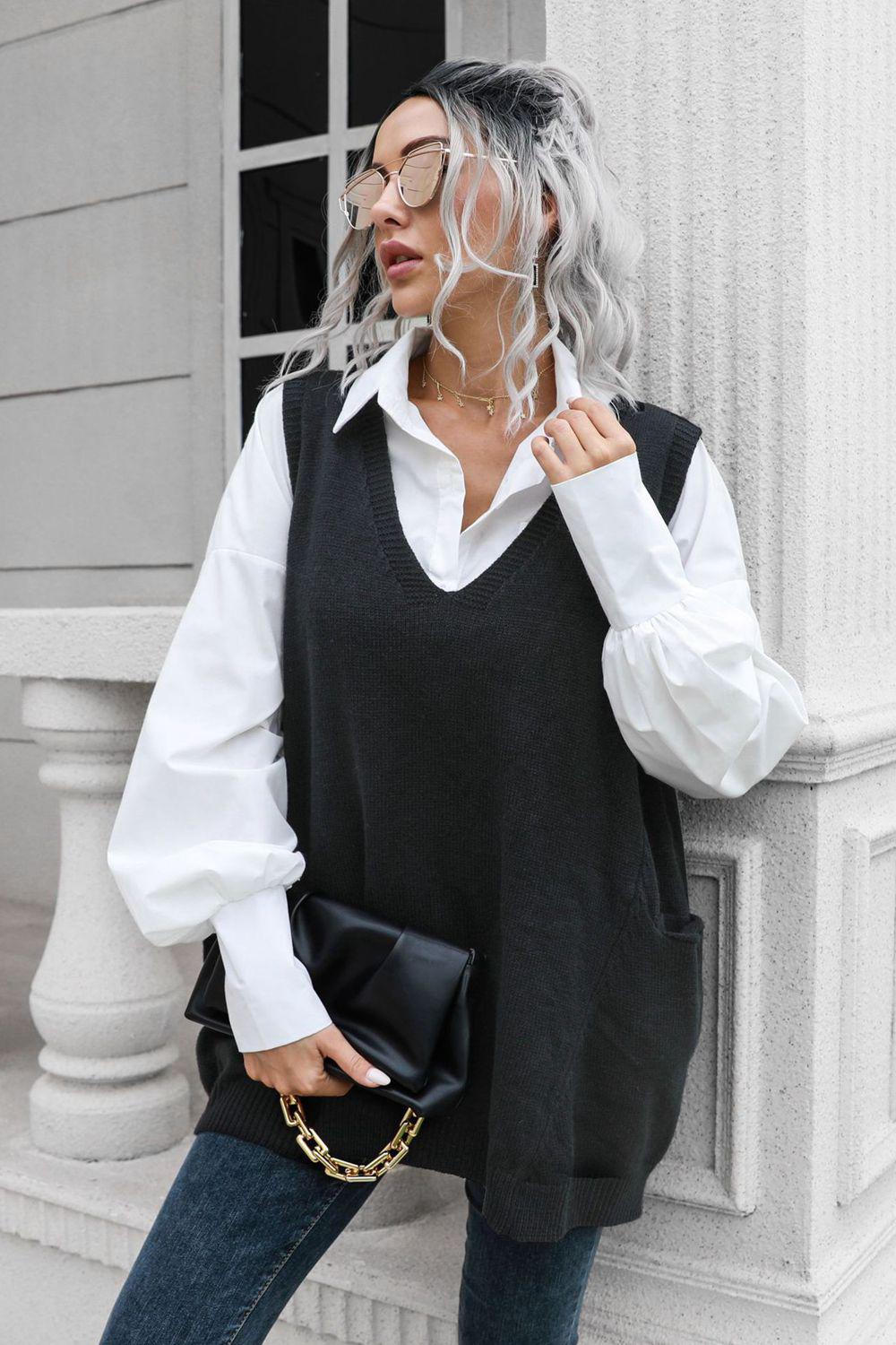 V-Neck Sleeveless Sweater Vest with Pocket BLUE ZONE PLANET