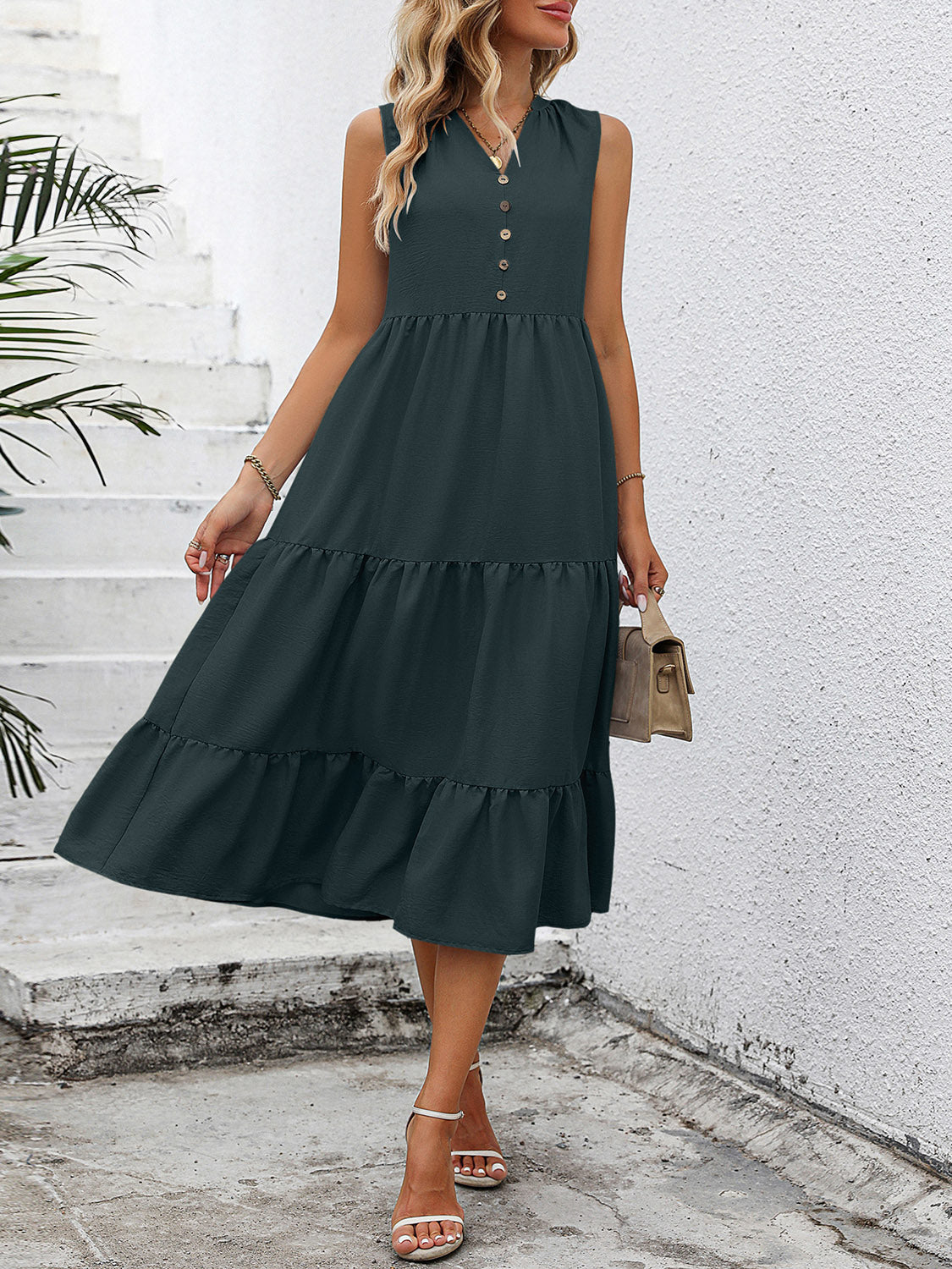 V-Neck Sleeveless Tiered Dress BLUE ZONE PLANET