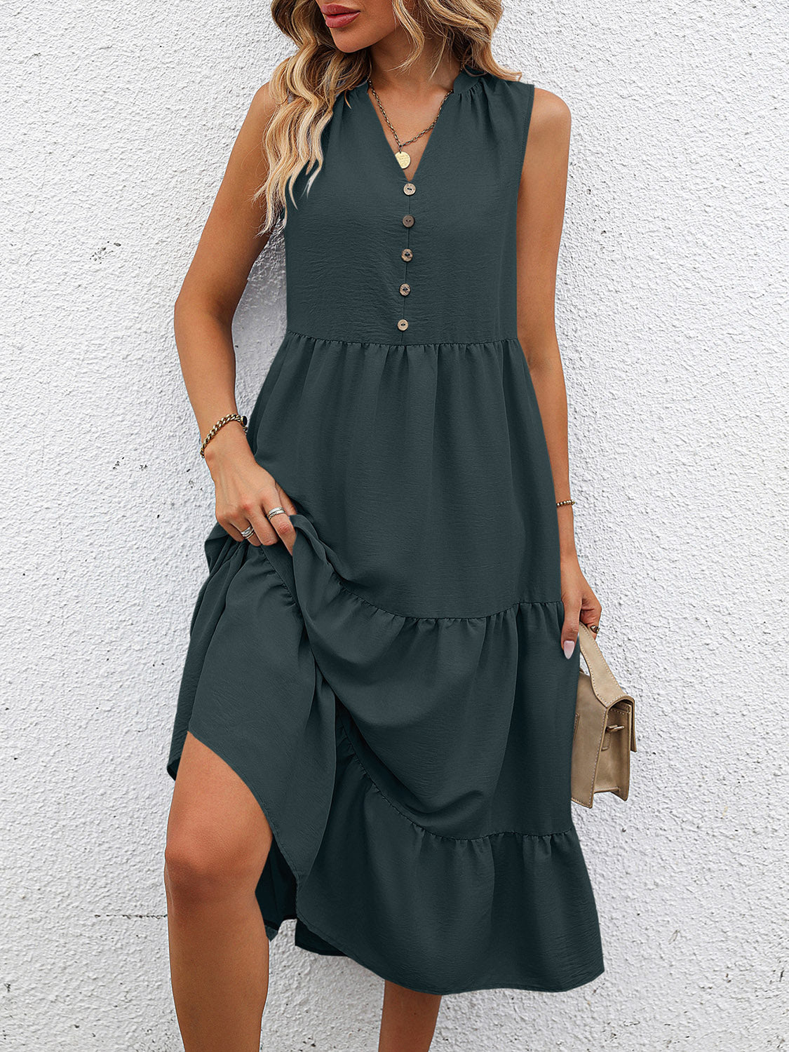 V-Neck Sleeveless Tiered Dress BLUE ZONE PLANET