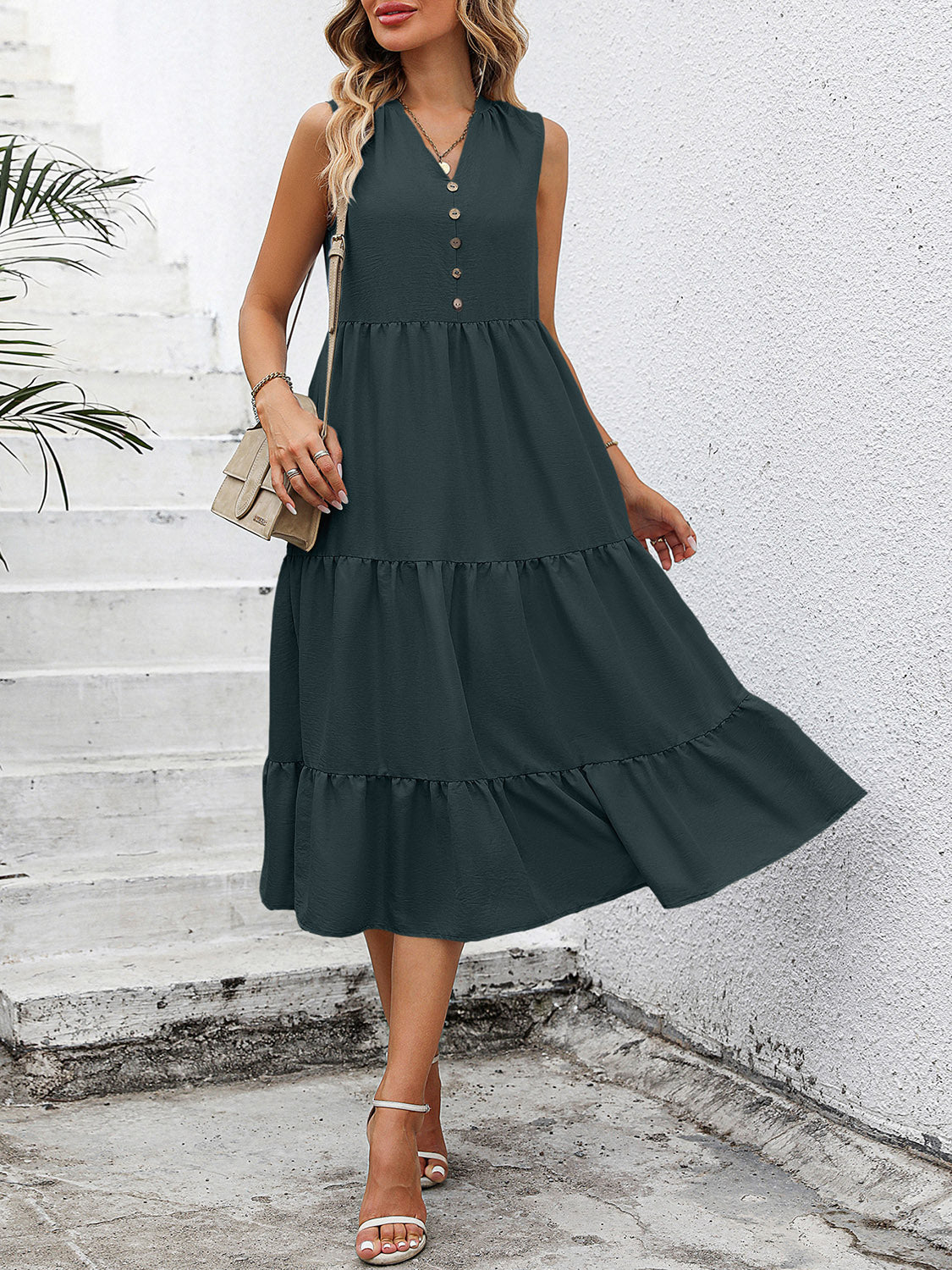 V-Neck Sleeveless Tiered Dress BLUE ZONE PLANET