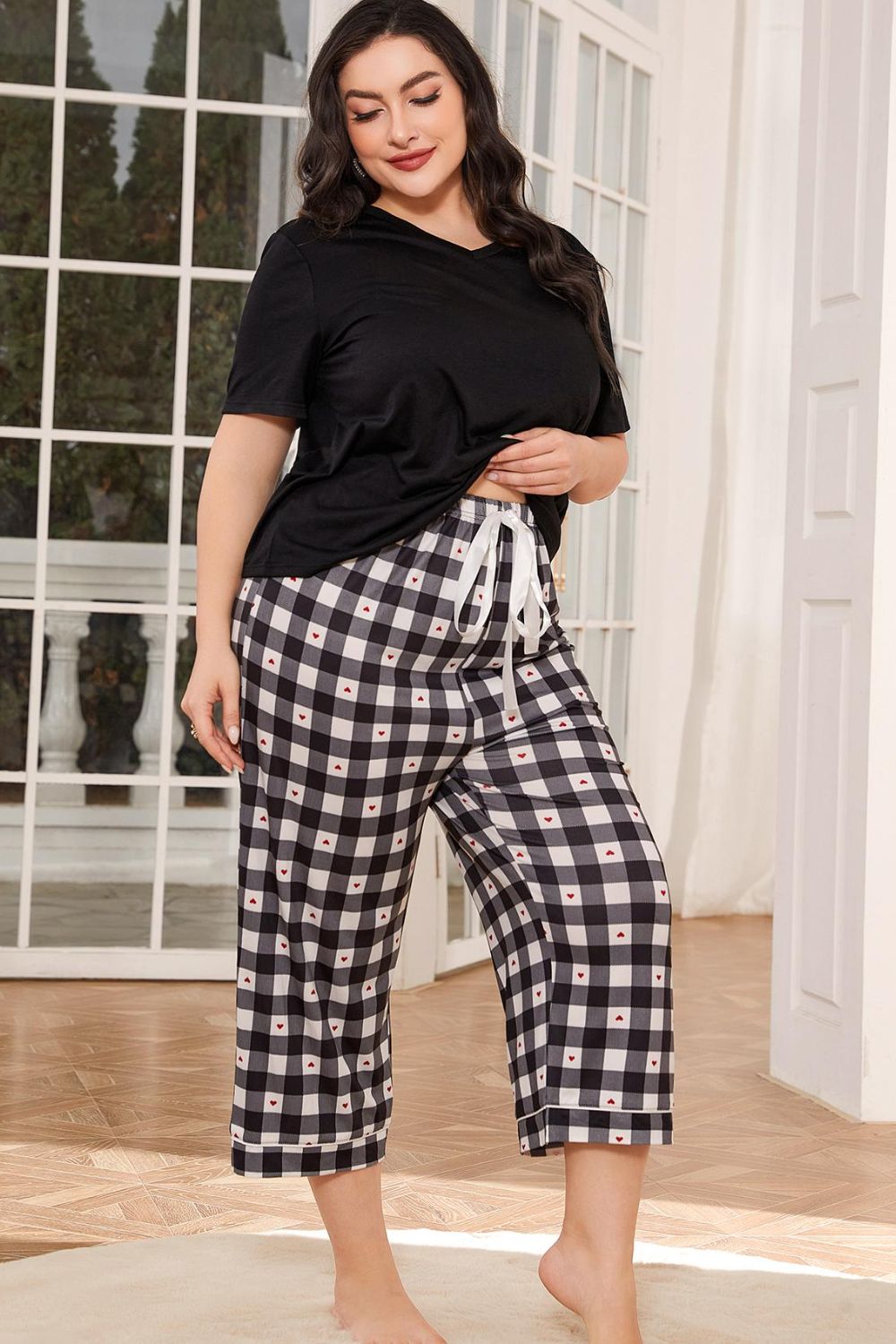 V-Neck Tee and Plaid Cropped Pants Lounge Set BLUE ZONE PLANET