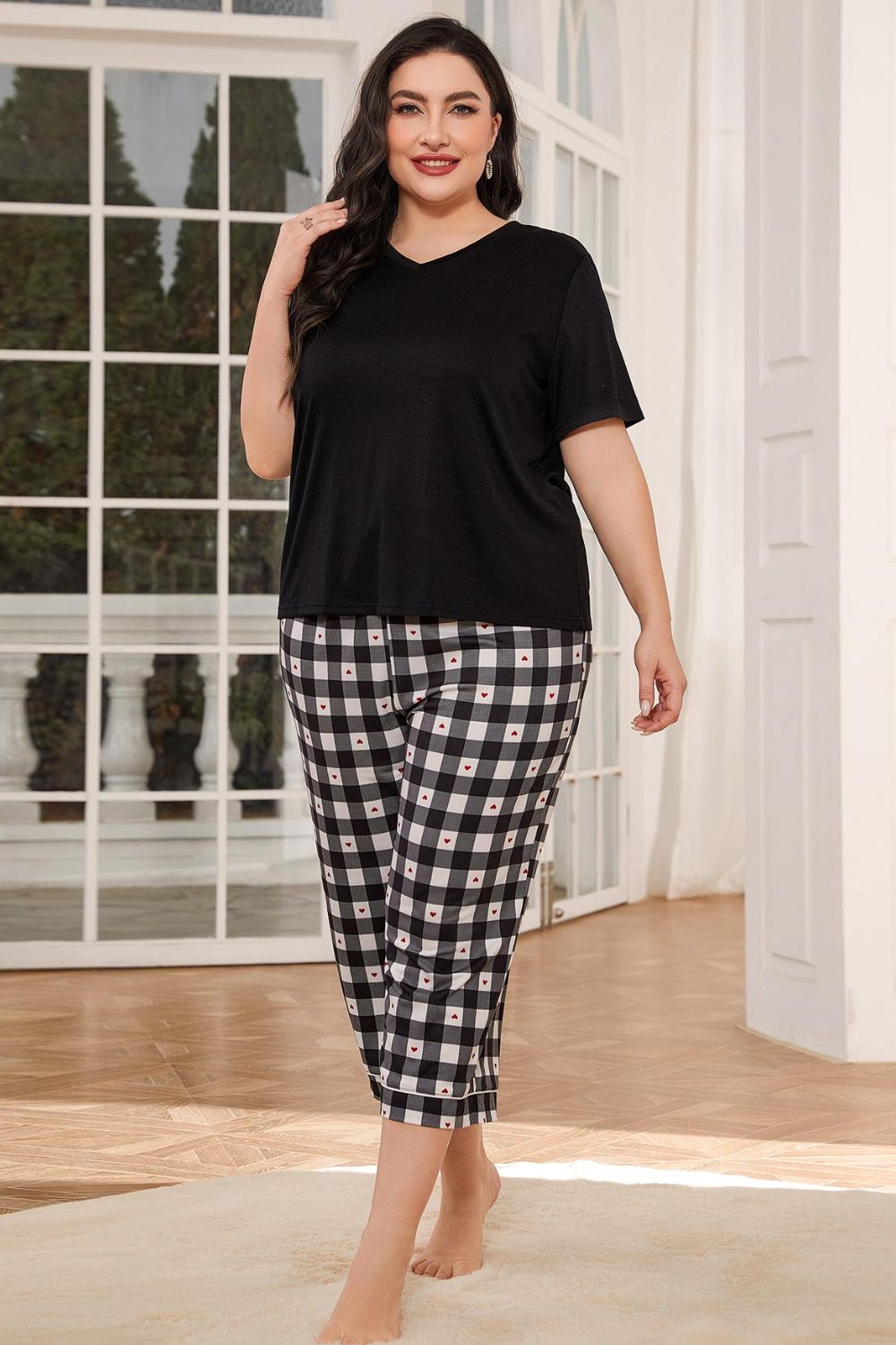 V-Neck Tee and Plaid Cropped Pants Lounge Set BLUE ZONE PLANET