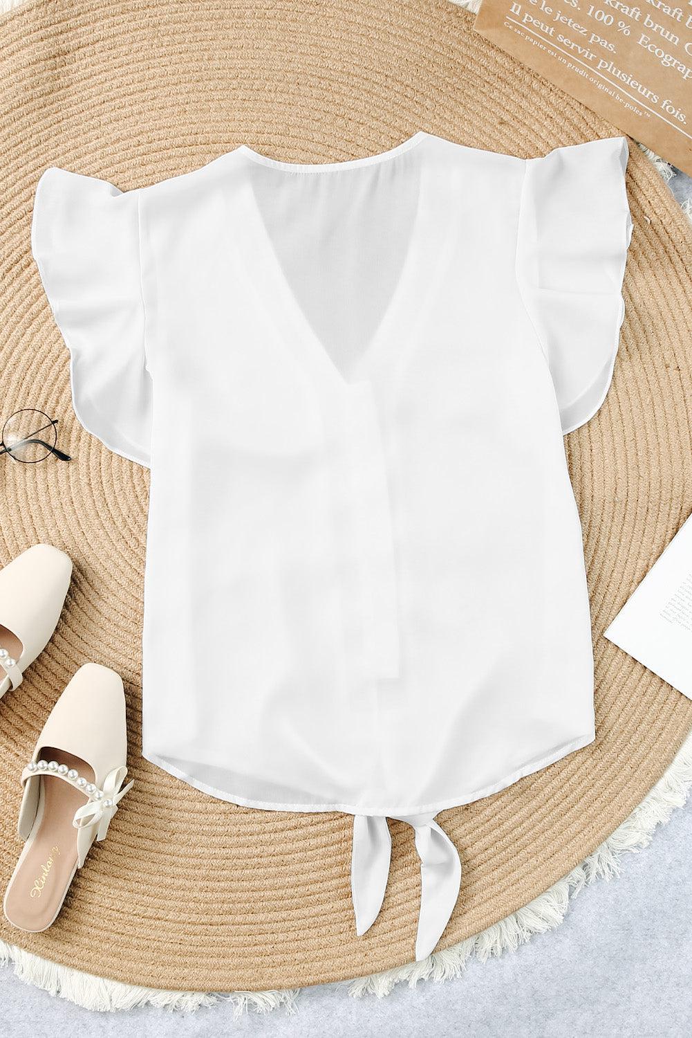 V-Neck Tie Hem Flutter Sleeve Blouse BLUE ZONE PLANET