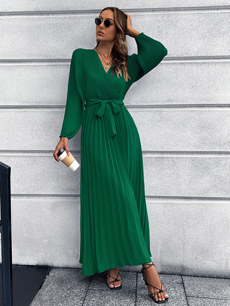 V-Neck Tie Waist Pleated Maxi Dress BLUE ZONE PLANET
