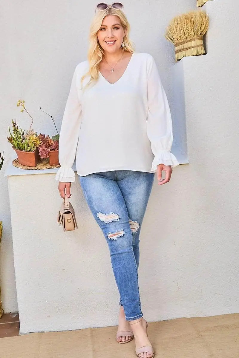 V Neck Tier Ruffle Sleeve Top Blue Zone Planet