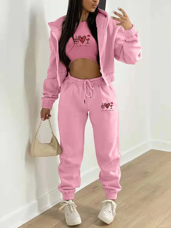 Valentine's Day Christmas love wine glass printed hooded sports and leisure suit (three-piece set) kakaclo