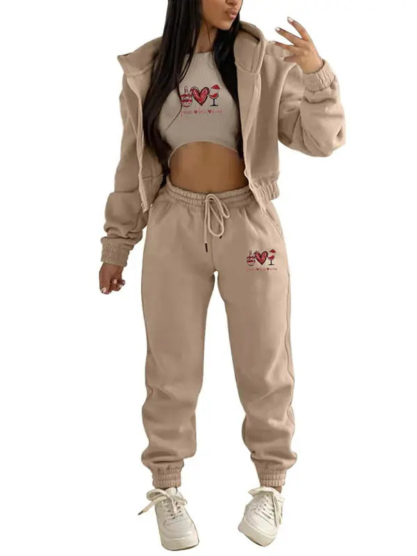 Valentine's Day Christmas love wine glass printed hooded sports and leisure suit (three-piece set) kakaclo