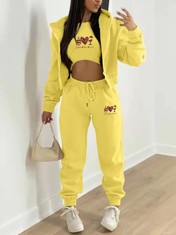Valentine's Day Christmas love wine glass printed hooded sports and leisure suit (three-piece set) kakaclo