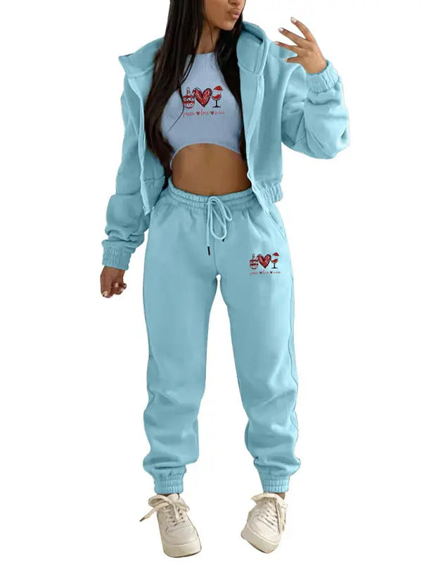 Valentine's Day Christmas love wine glass printed hooded sports and leisure suit (three-piece set) kakaclo