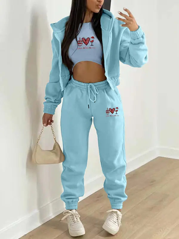 Valentine's Day Christmas love wine glass printed hooded sports and leisure suit (three-piece set) kakaclo