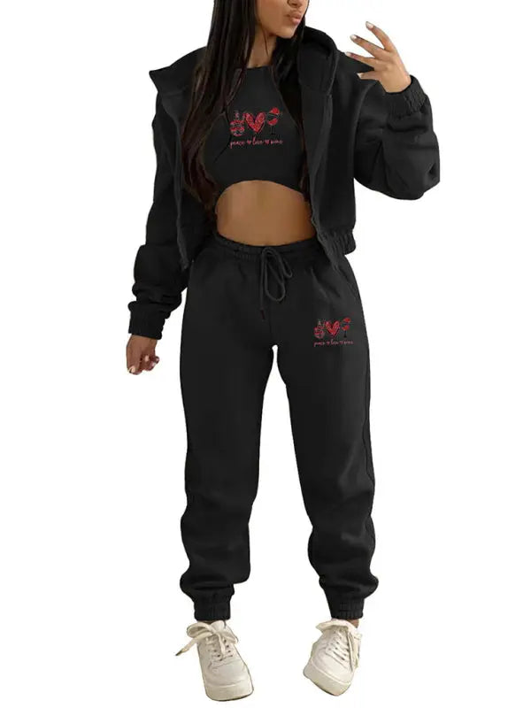 Valentine's Day Christmas love wine glass printed hooded sports and leisure suit (three-piece set) kakaclo