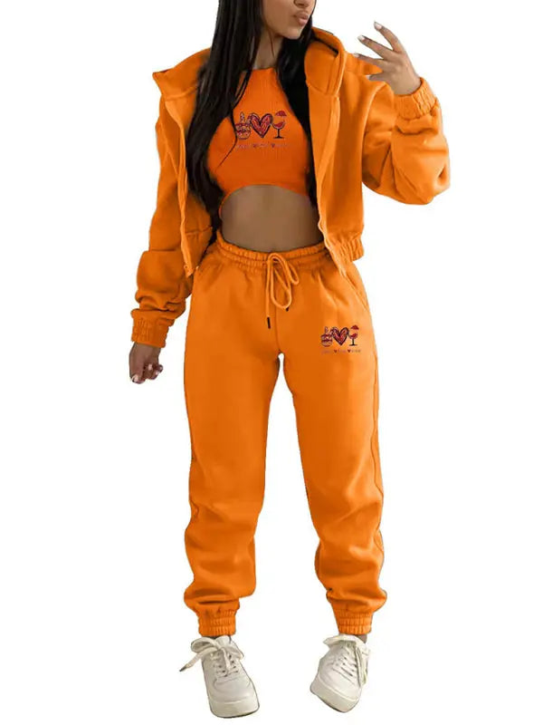 Valentine's Day Christmas love wine glass printed hooded sports and leisure suit (three-piece set) kakaclo