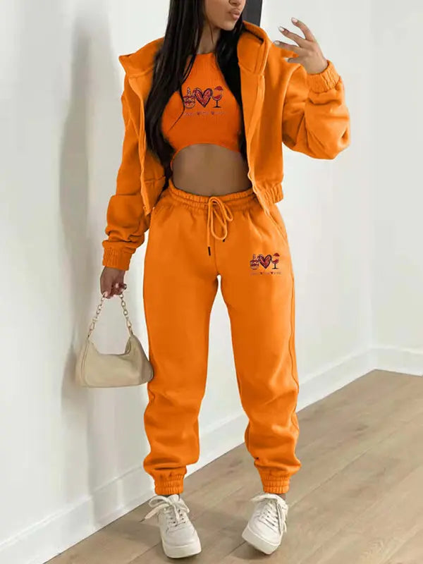 Valentine's Day Christmas love wine glass printed hooded sports and leisure suit (three-piece set) kakaclo