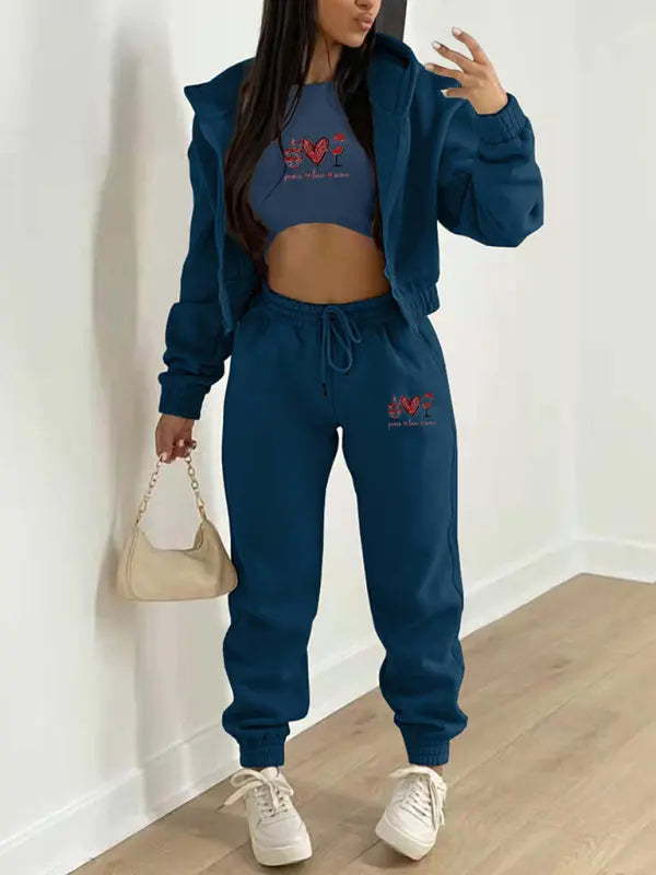Valentine's Day Christmas love wine glass printed hooded sports and leisure suit (three-piece set) kakaclo