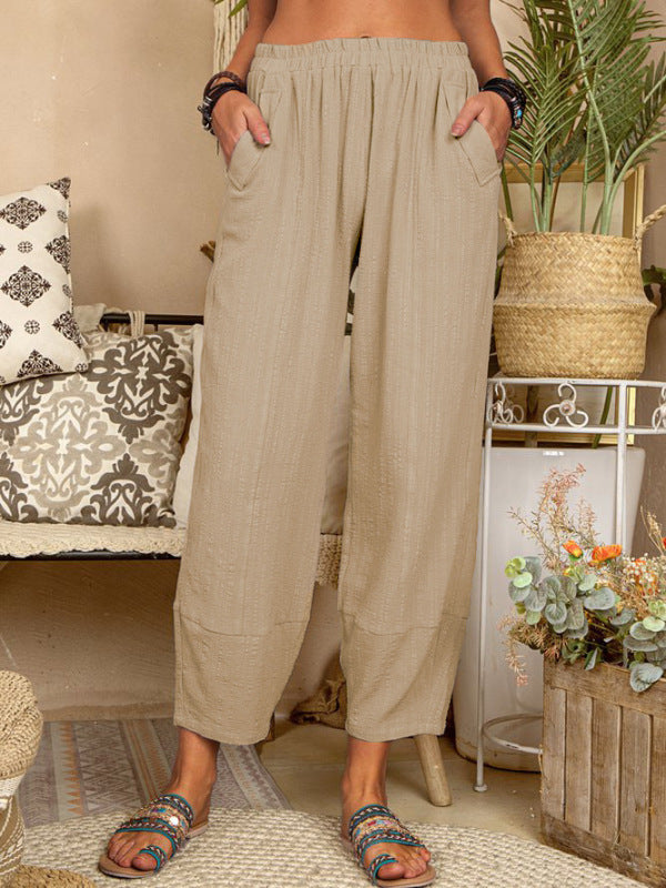 Blue Zone Planet | Solid Color Loose Cotton Linen Pants Home Harem Pants BLUE ZONE PLANET