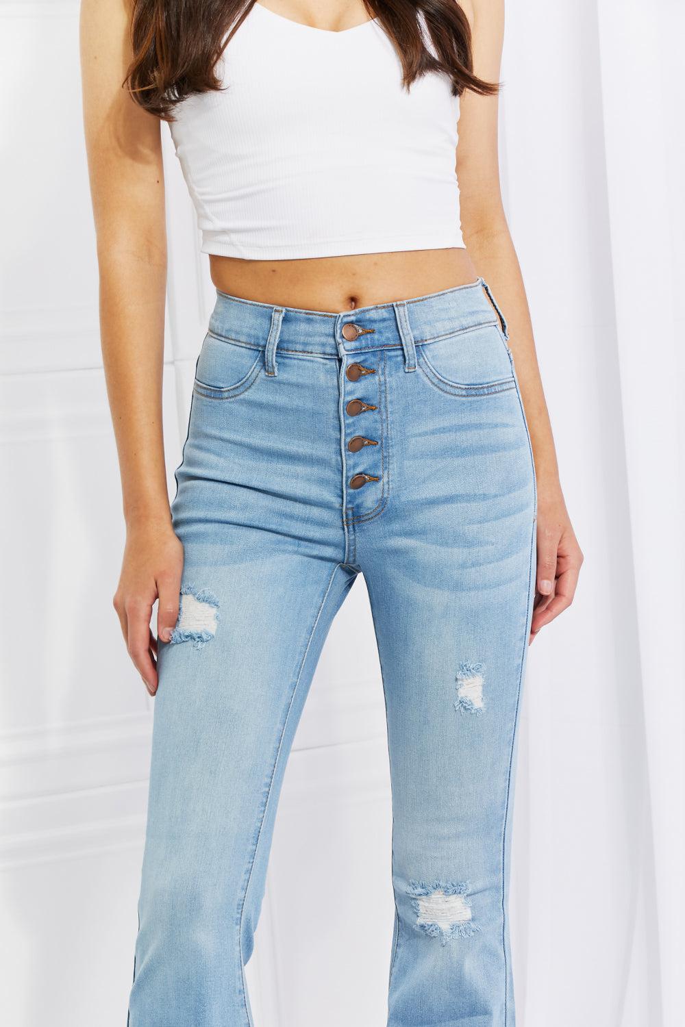 Vibrant MIU Full Size Jess Button Flare Jeans BLUE ZONE PLANET