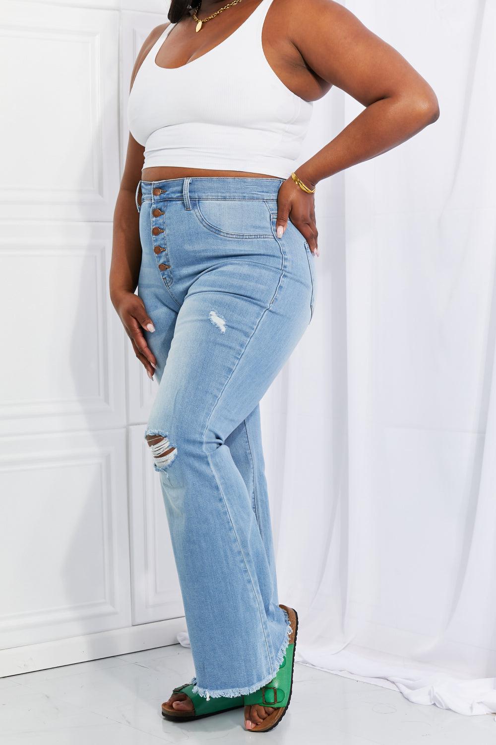 Vibrant MIU Full Size Jess Button Flare Jeans BLUE ZONE PLANET