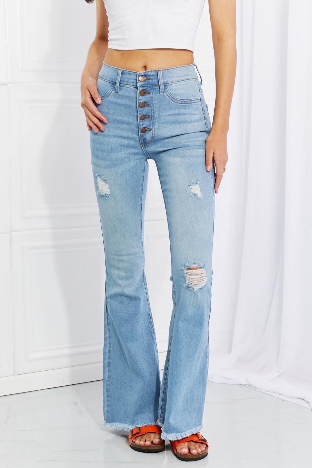 Vibrant MIU Full Size Jess Button Flare Jeans BLUE ZONE PLANET