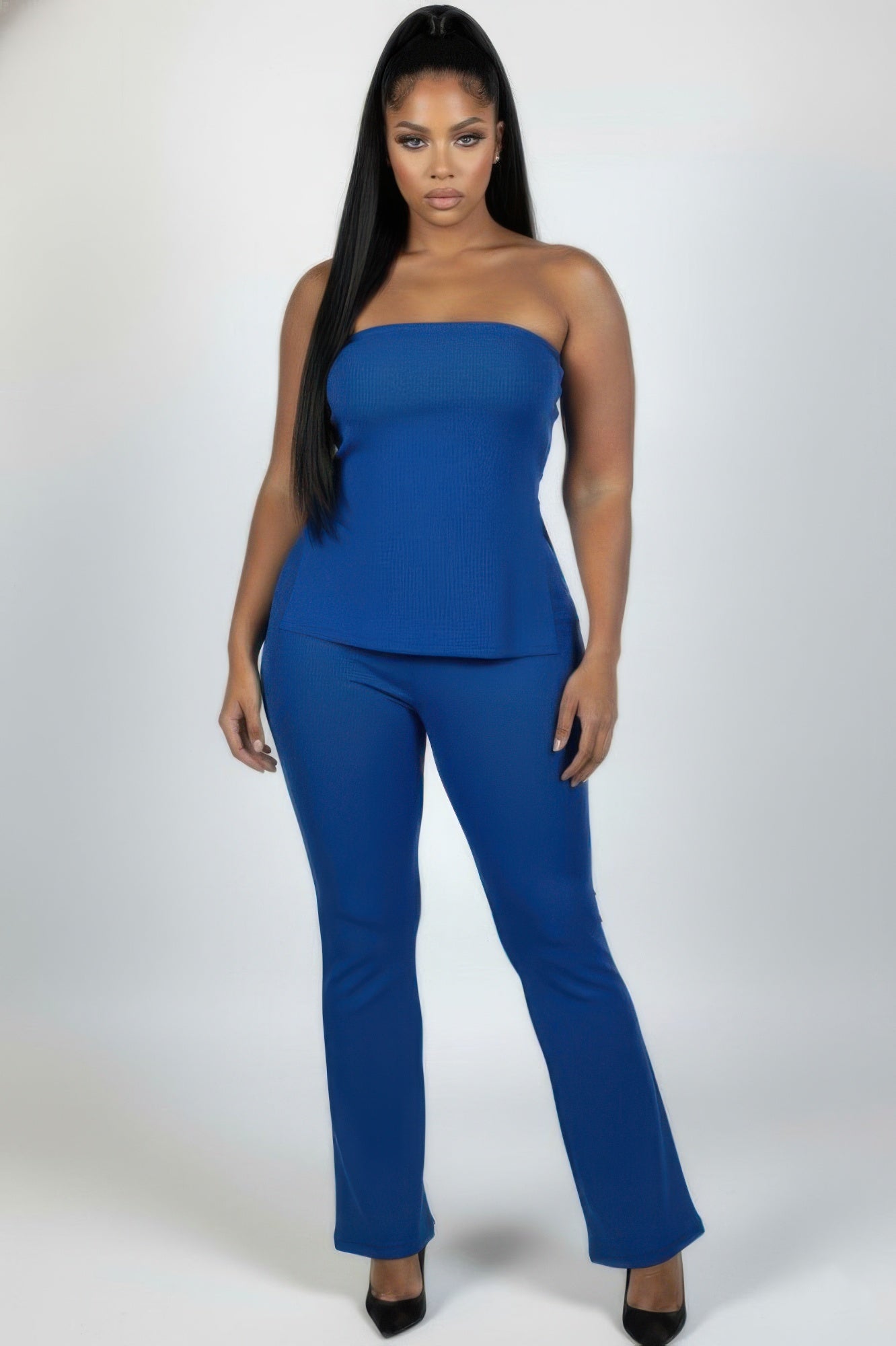 Plus Size Ultra-Fine Ribbed Slit Tube Top & High-Waist Flare Pants Set Royal / 3XL by Blue Zone Planet