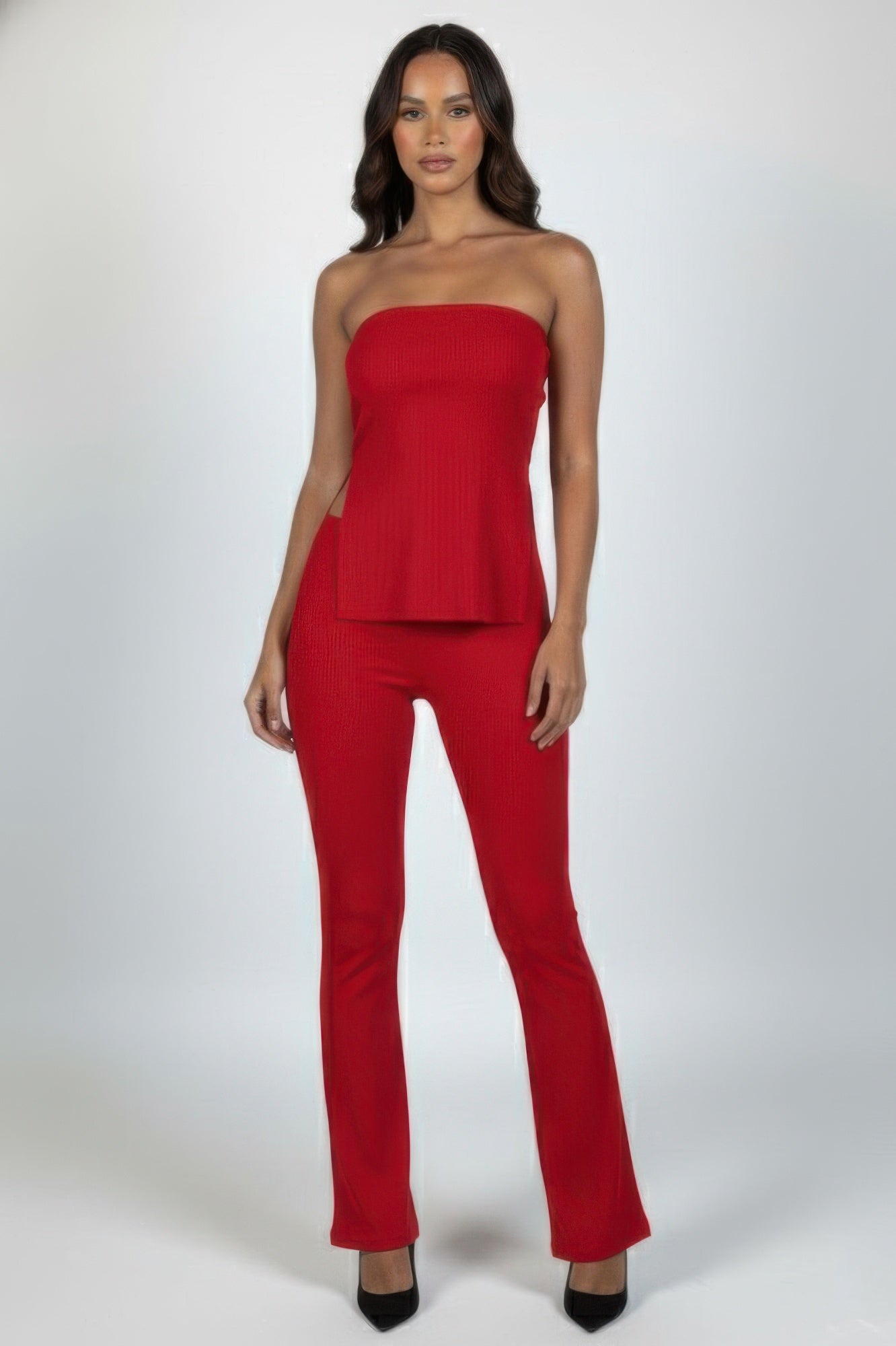Ribbed Slit Tube Top & High-Waist Flare Pants Set – Blue Zone Planet