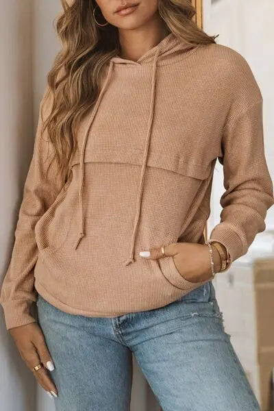 Waffle-Knit Drawstring Kangaroo Pocket Hoodie BLUE ZONE PLANET